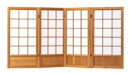 A wooden folding screen with a grid pattern, four panels connected with hinges