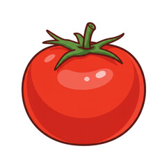 Vibrant cartoon tomato with green stem and leafy calyx, fresh and ripe isolated on white background