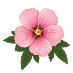 Detailed pink flower with green leaves, artistic botanical illustration isolated on white background