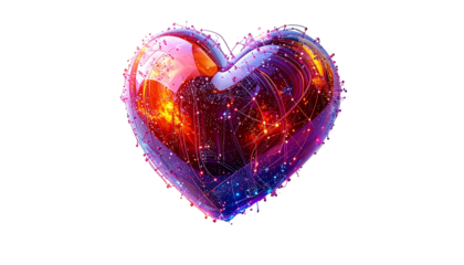 A glowing, stylized heart with intricate internal network details on black