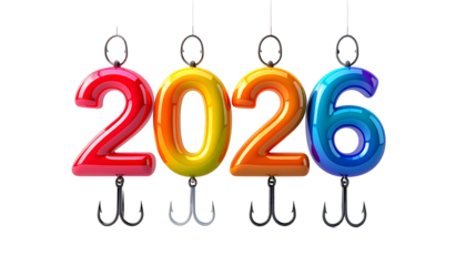 Colorful 2026 numbers suspended from fish hooks against black