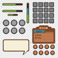 Collection of game interface elements including progress bars, coins, speech bubble, and quest menu on a transparent background