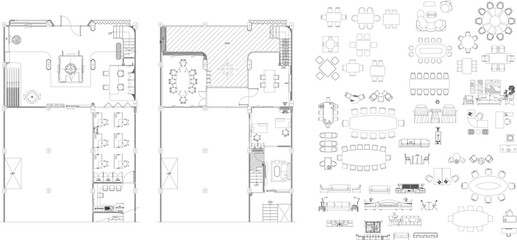 Interior Design Drawing of Office Furniture Layout Plan for a Two-Storey Commercial Building with Workstations, Chairs, and Office Equipment for Workspace Planning