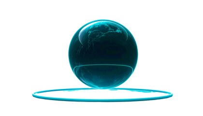 Glowing Earth globe floats over a bright neon ring, on black background