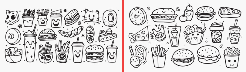 food doodle illustration, snack hand drawn icons, fast food sketch art, cute food drawings, meal illustration vector, food clipart collection, kitchen doodle elements, cartoon food set, culinary illus