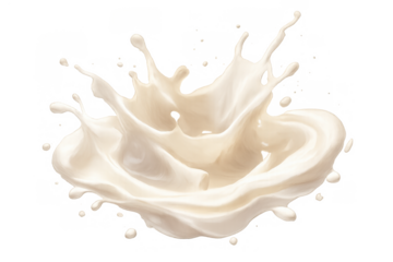 White milk splashing with drops and swirls, creamy dairy liquid flowing, isolated on transparent background