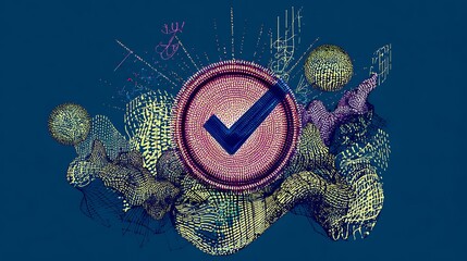 Abstract blue checkmark symbol surrounded by colorful textured organic shapes and dots on a blue background