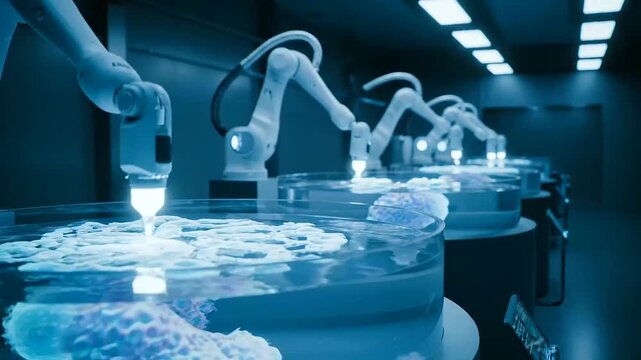Automated robotic arms meticulously construct biological patterns in sterile petri dishes, showcasing cutting-edge Synthetic Biology Design for future medical and scientific advancements.