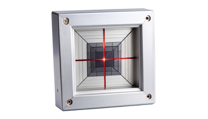 Square device with receding grid, illuminated with a red cross