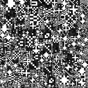 High contrast black and white pixelated noise pattern with abstract symbols and digital glitch texture, ideal for tech, data, and modern backgrounds.
