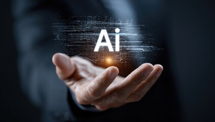 Businessman's open palm holding illuminated "Ai" graphic, surrounded by digital effects
