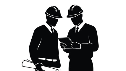 Two engineers discussing project on tablet and blueprints