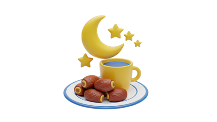 Ramadan Iftar Concept: Dates, Coffee, Moon, and Stars