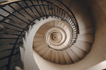 Overhead shot of a winding, architectural spiral staircase with ornate railing