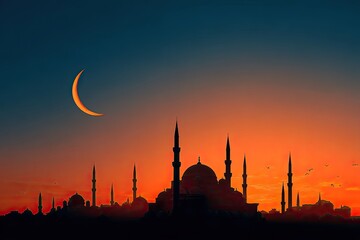 Silhouette of a large mosque with tall minarets against a sunset sky and crescent moon
