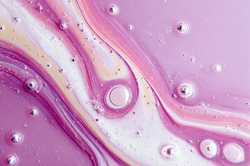 Abstract close-up shows fluid paint swirls with air bubbles in soft pink hues