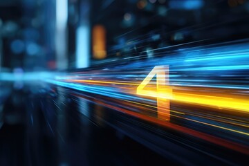 Digit "4" in light trail, speeding through an abstract cityscape, blurred, dynamic, fast motion