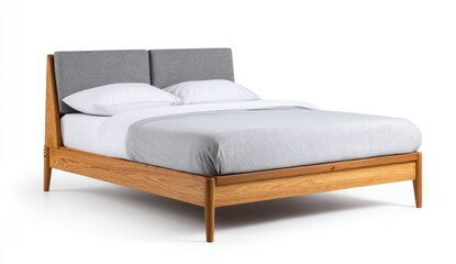 Wooden bed with gray headboard, white linens, and light gray blanket on white background