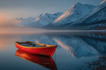 A red rowboat floats peacefully on calm water, with snow-capped mountains in the backdrop