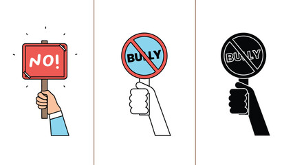Hands holding anti bully protest signs in different styles
