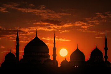 Silhouetted mosque against a vibrant, fiery sunset with domes and minarets