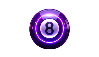 Shiny, futuristic, purple-glowing eight ball on a stark black background