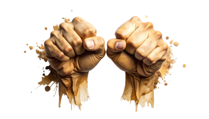 Two clenched fists with mud-like spray on a black background
