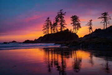 Coastal scene at sunset features silhouetted trees atop a rocky outcrop reflected in the wet sand