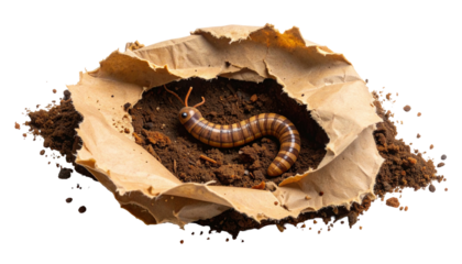 Centipede nestled in a bed of soil, framed by torn paper