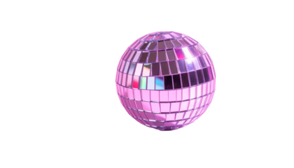 Pink, mirrored sphere glows against black. Reflects light and creates sparkles