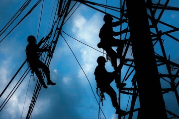 Silhouetted workers climb a towering metal structure against a cloudy blue sky