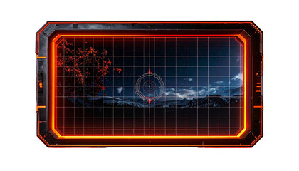 A sci-fi display showing a mountain range and a fiery element
