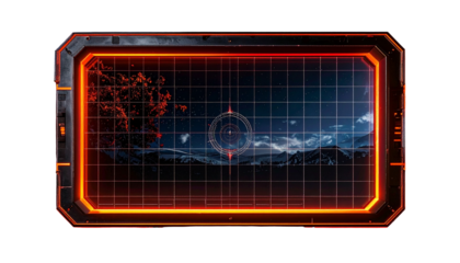 A sci-fi display showing a mountain range and a fiery element