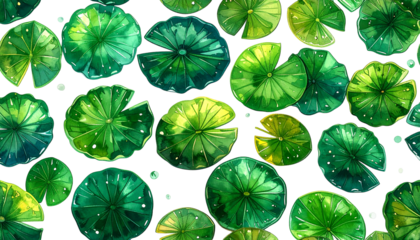 Watercolor illustration of green lily pads floating on black water