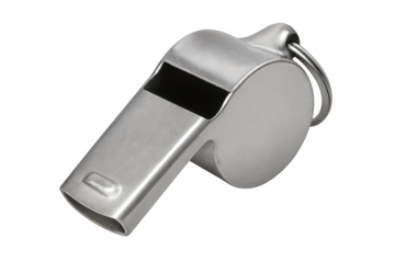 Metal referee whistle signaling sport event on transparent background