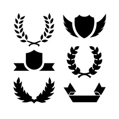 Obraz premium Laurel wreath, shield, wing, ribbon, and banners vector set. Laurel wreaths, shields, wings, ribbons illustration for awards, heraldry, logos, badges, and branding designs 