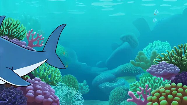 Cheerful Cartoon Sharks Swimming in a Colorful Coral Reef Ocean Animation Background