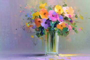 Colorful abstract painting of a floral arrangement in a transparent vase