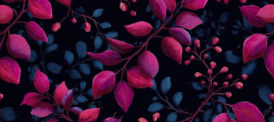Seamless botanical pattern featuring magenta and teal leaves against a dark, moody background
