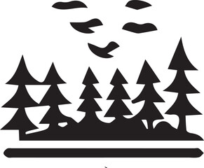 Peaceful Forest Landscape With Flying Birds Silhouette