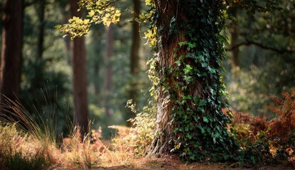 Forest scene featuring a tree trunk draped in ivy with sunlight dappling through leaves