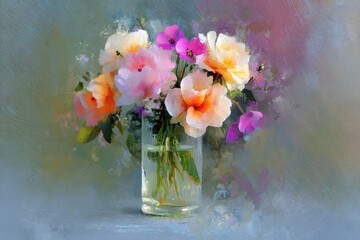 A painterly still life featuring a vibrant bouquet of roses in a clear glass vase