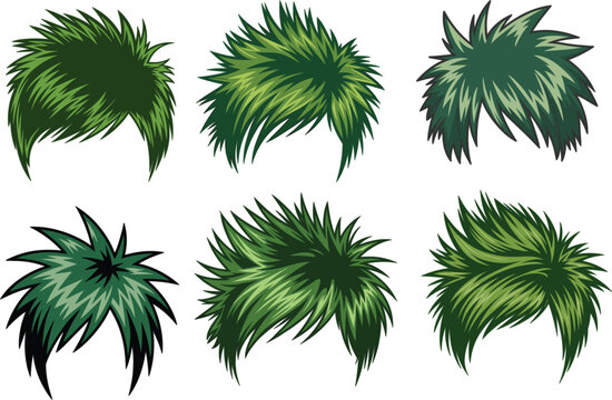 Vector Illustration Set of Men's Spiky Messy Hairstyles with Green Hair Colors for Fashion Grooming and Character Design