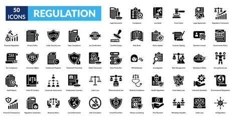 regulation glyph icon set. Blueprint, Skyscraper, Bridge Design, Modern House, Historical Building, Construction Helmet, Floorplan Layout