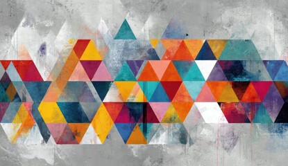 Abstract geometric artwork featuring colorful triangles overlapping a textured gray background