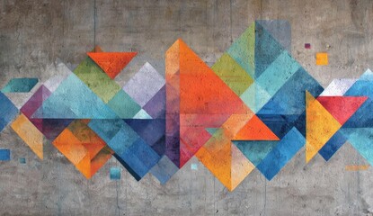 Geometric art floats on a textured concrete surface, creating a vibrant, modern composition