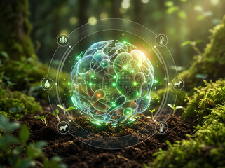 Eco friendly globe with green technology in forest