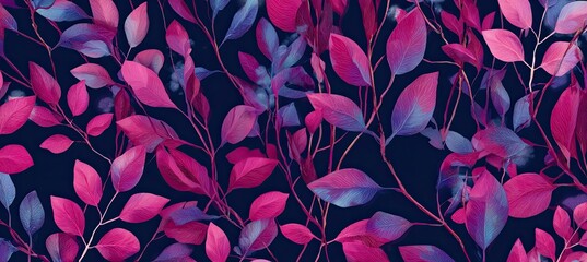 A deep indigo backdrop showcases pink and purple leaves on slender, branching stems