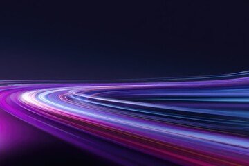 Dynamic, abstract, light trails curve through a deep indigo space, creating an energetic flow