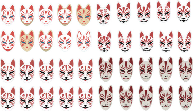 Vector Illustration Set of Traditional Japanese Kitsune Fox Masks with Red and White Patterns for Asian Cultural Designs